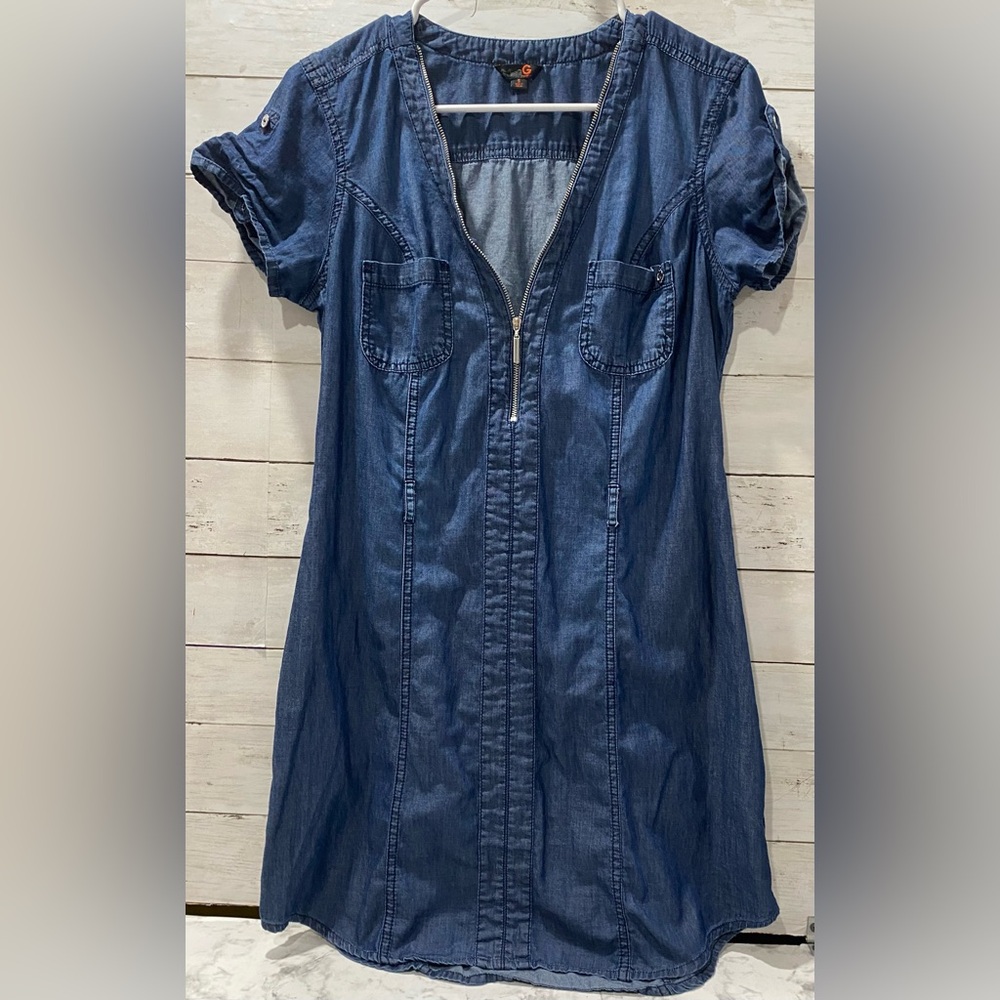 G By Guess Lightweight Chambray Denim 1/4 Zip Short Sleeve Dress Roll Sleeves